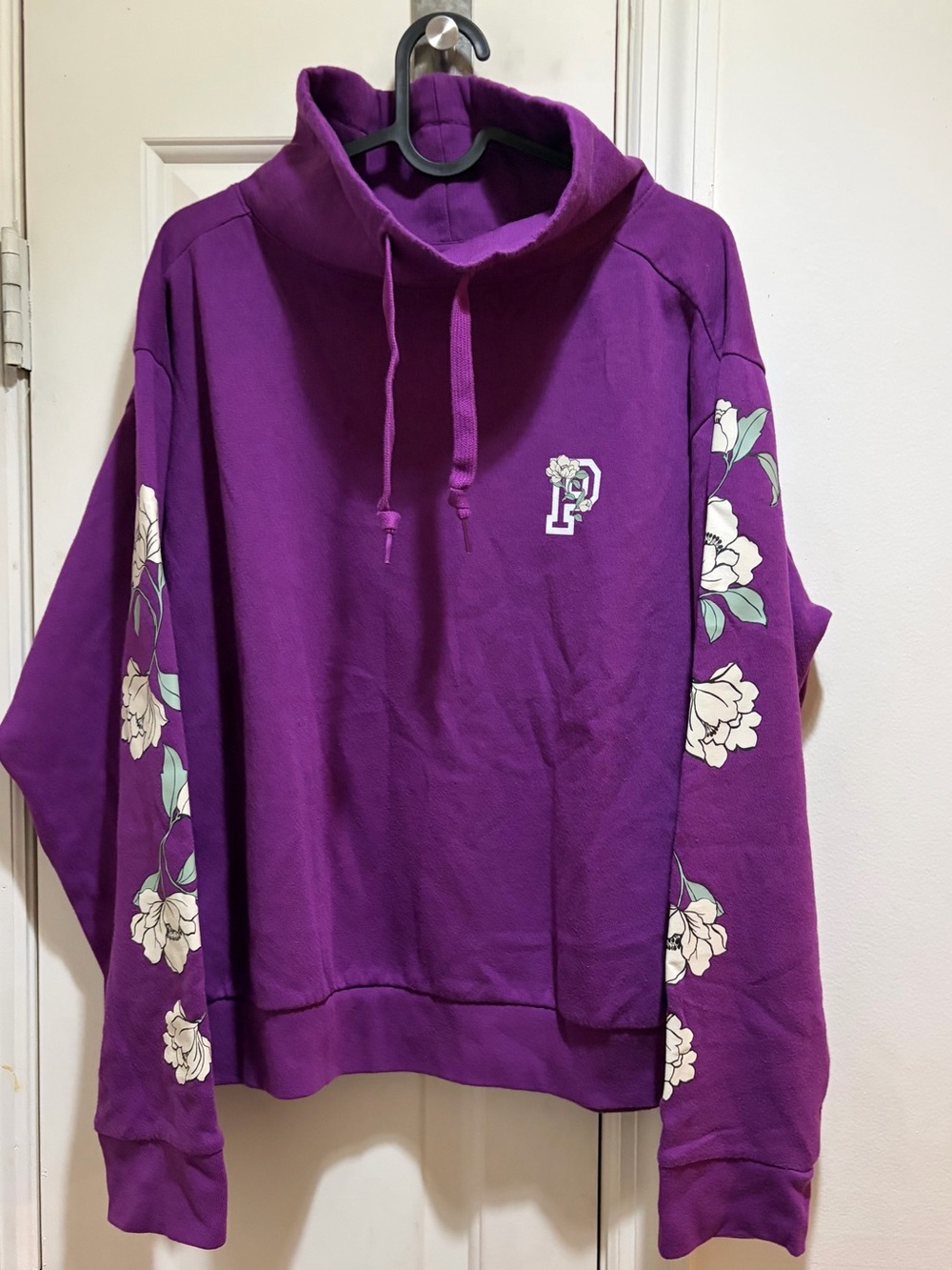 PINK Victoria’s Secret Purple Floral Sleeve Sweatshirt with Hoodie -